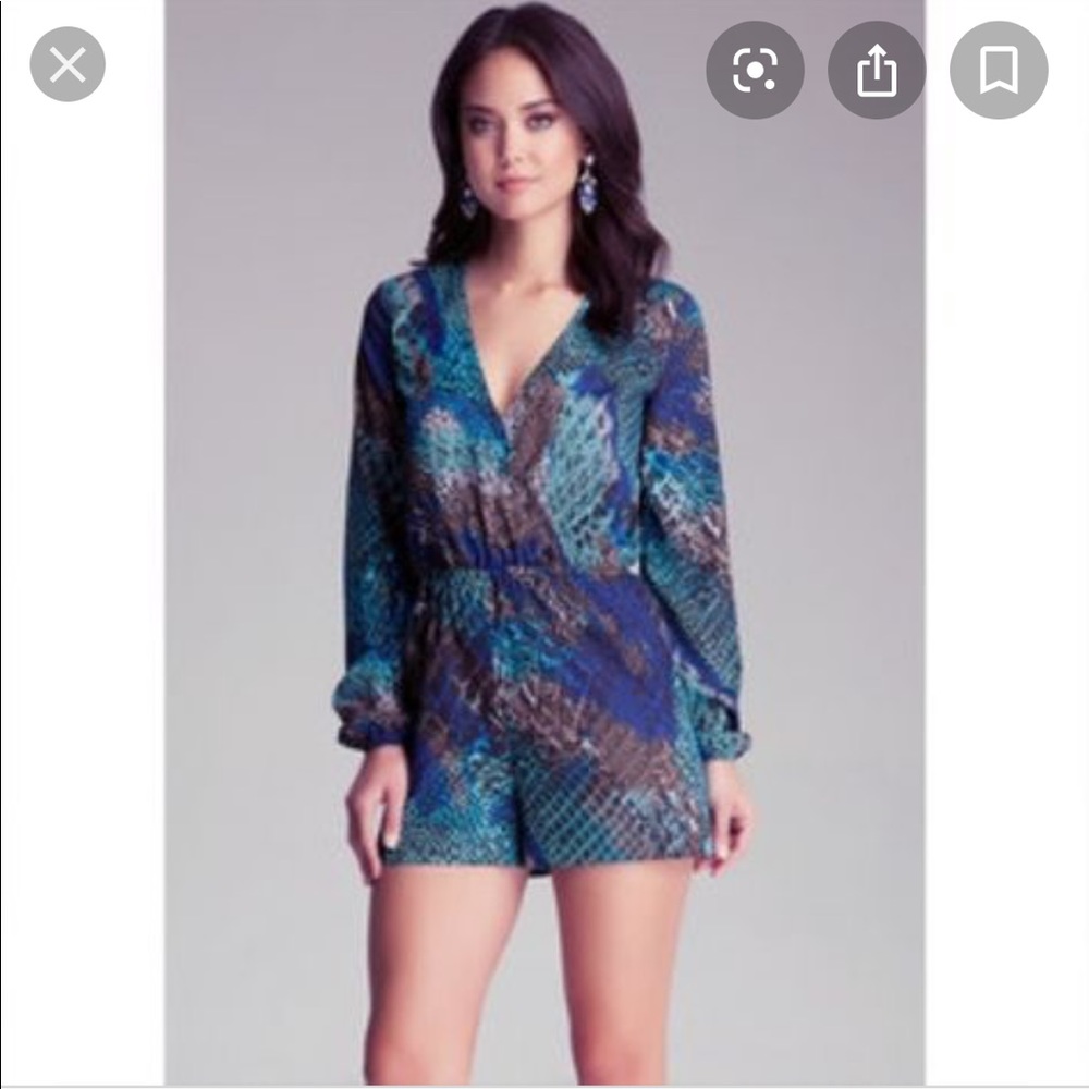 Bebe long sleeve surplice blue romper - NWT
